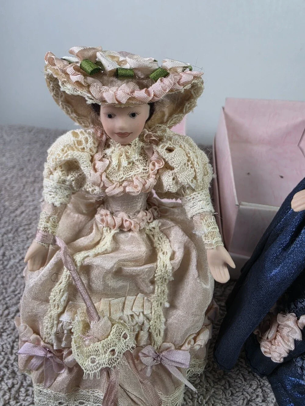 Decorative Porcelain Doll - Pink, Navy & Mauve Victorian Style Set